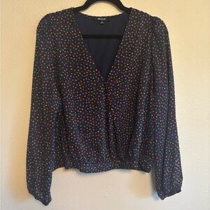 Madewell Navy Polka Dot Top Blouse Size L Cropped Surplice Colorful Preppy